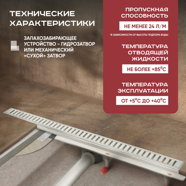 Трап линейный (душевой лоток) Vimarr D.1 517D39011050 900 мм с рамкой из нержавеющей стали, с горизонтальным выходом D50 мм, с решеткой хром