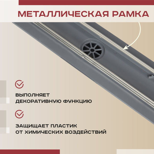 Трап для душа линейный (душевой лоток) Vimarr C-1 516C139011050 900 мм с рамкой из нержавеющей стали, с горизонтальным выходом D50 мм, с решеткой хром