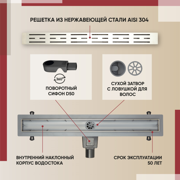 Трап для душа линейный (душевой лоток) Vimarr SMC-1 516SMC139011050 900 мм с рамкой из нержавеющей стали, с горизонтальным выходом D50 мм, с решеткой хром