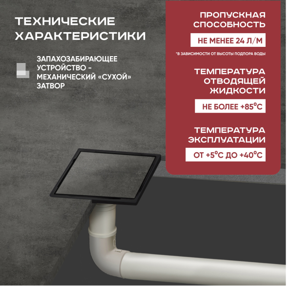 Трап квадратный душевой Vimarr H-2 515LMH241013050 10х10 см черный с рамкой из нержавеющей стали, с вертикальным выходом D50 мм, решетка под плитку (перевертыш), черная