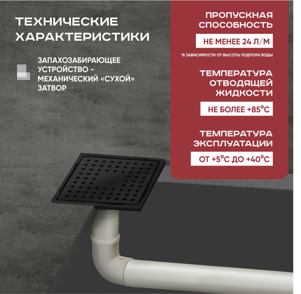 Трап квадратный душевой Vimarr H-1 515YH141513050 15х15 см черный с рамкой из нержавеющей стали, с вертикальным выходом D50 мм, решетка черная