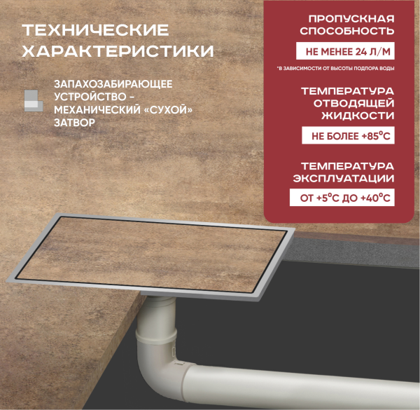 Трап душевой Vimarr H-2 514WH243111050 30х12 см из нержавеющей стали, с вертикальным выходом D50 мм, решетка под плитку