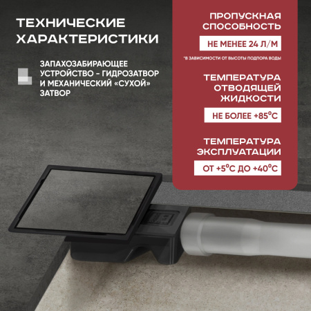 Трап квадратный душевой Vimarr LMC-2 515LMC231013050 10х10 см черный с рамкой из нержавеющей стали, с горизонтальным выходом D50 мм, решетка под плитку (перевертыш), черная