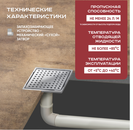 Трап квадратный душевой Vimarr H-1 515LMH141511050 15х15 см с рамкой из нержавеющей стали, с вертикальным выходом D50 мм, решетка хром