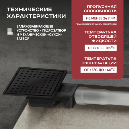 Трап квадратный душевой Vimarr WC-1 515WC131013050 10х10 см черный с рамкой из нержавеющей стали, с горизонтальным выходом D50 мм, решетка черная