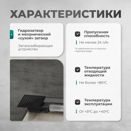 Трап квадратный душевой Bejert C-1 B715C110-13050-3 10х10 см черный с рамкой из нержавеющей стали, с горизонтальным выходом D50 мм, решетка черная