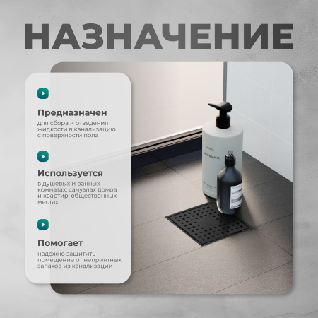 Трап квадратный душевой Bejert H-1 B715H115-13050-4 15х15 см черный с рамкой из нержавеющей стали, с вертикальным выходом D50 мм, решетка черная