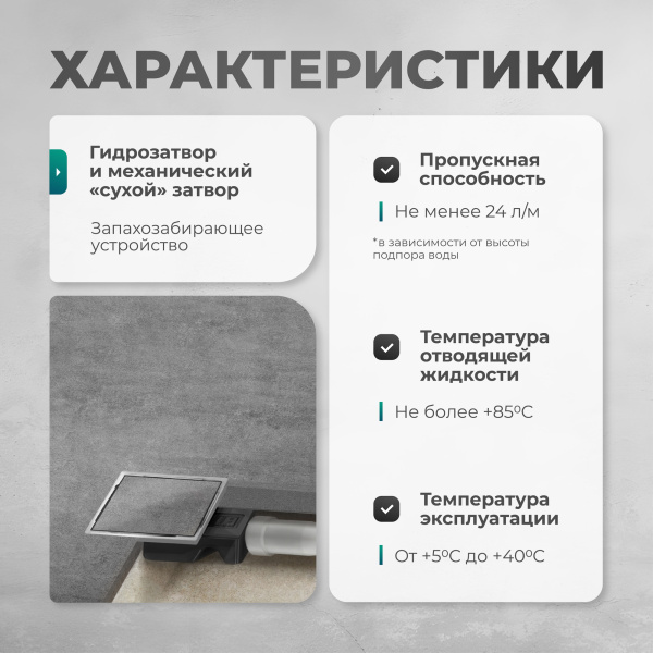 Трап квадратный душевой Bejert C-1 B715C115-13050-3 15х15 см черный с рамкой из нержавеющей стали, с горизонтальным выходом D50 мм, решетка черная