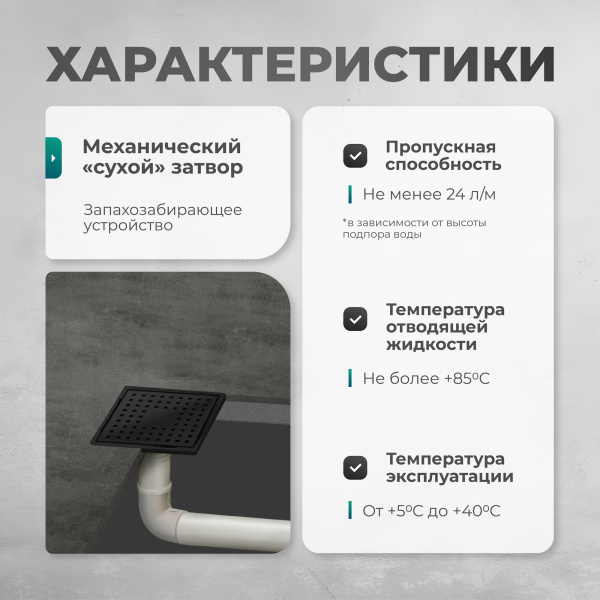 Трап квадратный душевой Bejert H-1 B715H110-13050-4 10х10 см черный с рамкой из нержавеющей стали, с вертикальным выходом D50 мм, решетка черная