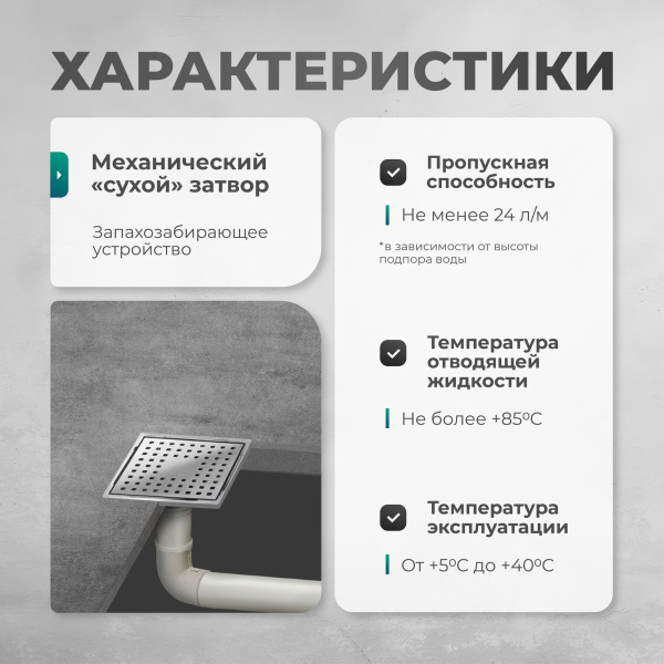 Трап квадратный душевой Bejert H-1 B715H115-11050-4 15х15 см с рамкой из нержавеющей стали, с вертикальным выходом D50 мм, решетка хром