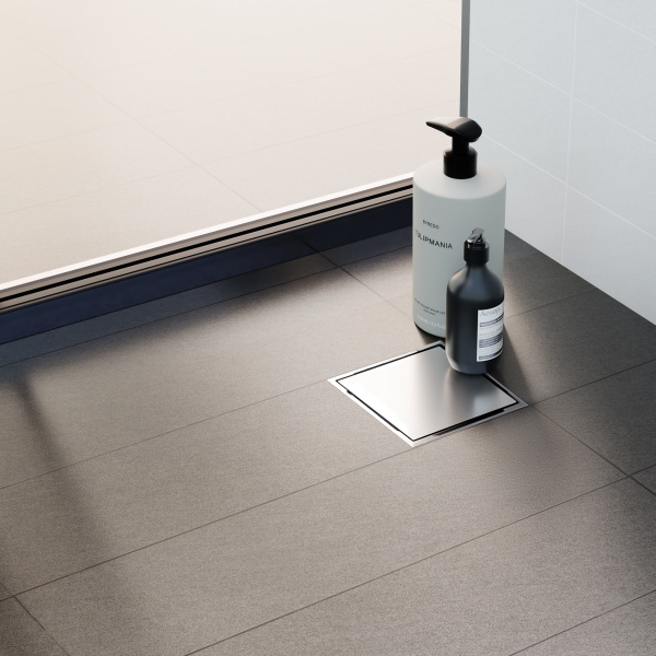 Трап квадратный душевой Vimarr F-2 515F241011050 10х10 см с рамкой из нержавеющей стали, с вертикальным выходом D50 мм, решетка под плитку (перевертыш)