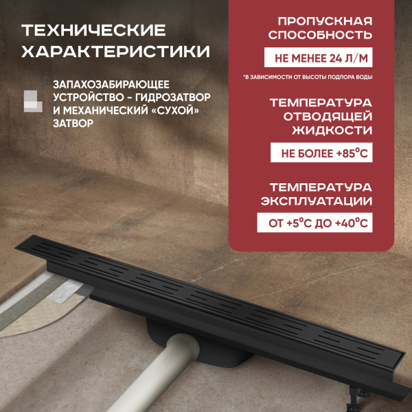 Трап для душа линейный (душевой лоток) Vimarr B-1 516B135003040 500 мм с горизонтальным выходом D40/50 мм, с черной решеткой