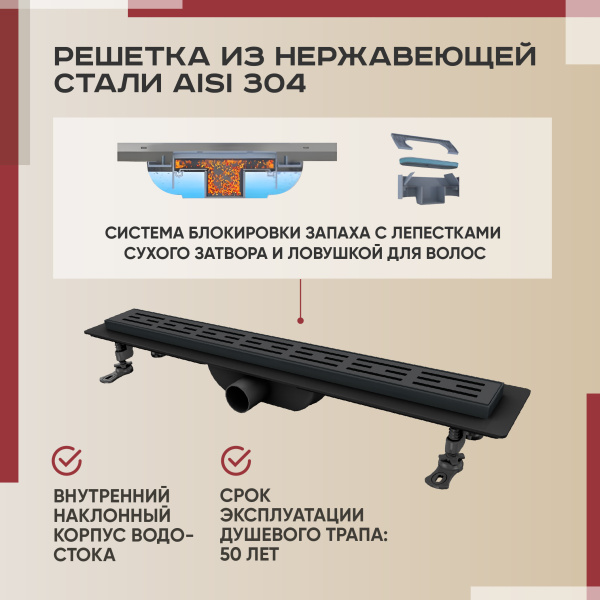Трап для душа линейный (душевой лоток) Vimarr B-1 516B136003040 600 мм с горизонтальным выходом D40/50 мм, с черной решеткой