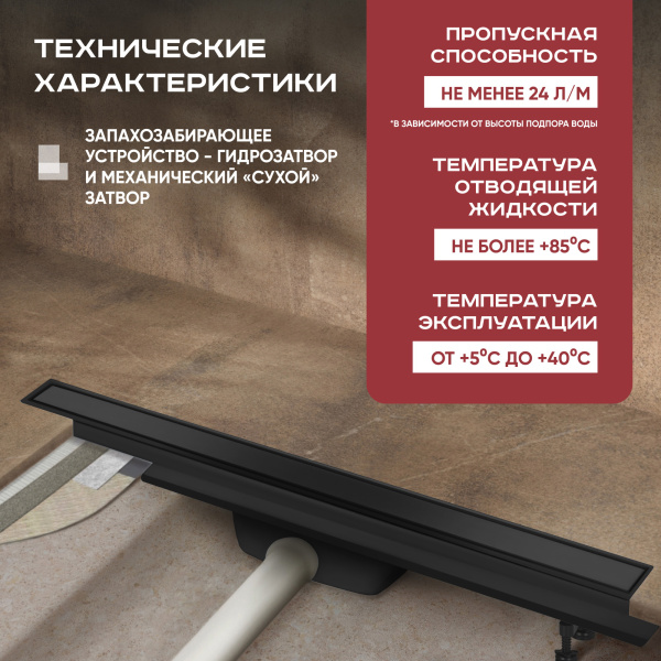 Трап для душа линейный (душевой лоток) Vimarr B-2 516B239003040 900 мм с горизонтальным выходом D40/50 мм, с решеткой под плитку (перевертыш)