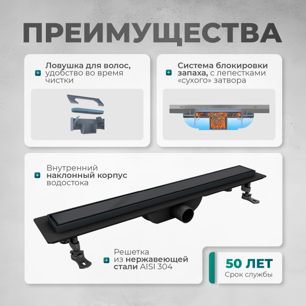 Трап для душа линейный (душевой лоток) Bejert B-2 B716B280-03040-3 800 мм с горизонтальным выходом D40/50 мм, с решеткой под плитку (перевертыш)