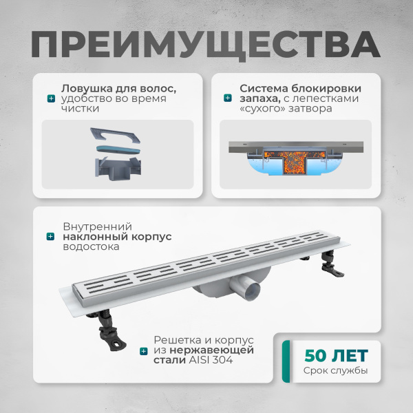 Трап линейный (душевой лоток) Bejert D-1 B713D160-11050-3 600 мм с горизонтальным выходом D40/50 мм, из нержавеющей стали, хром