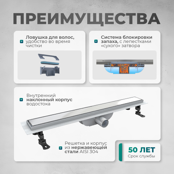 Трап линейный (душевой лоток) Bejert D-2 B713D290-11050-3 900 мм с горизонтальным выходом D40/50 мм, из нержавеющей стали, хром