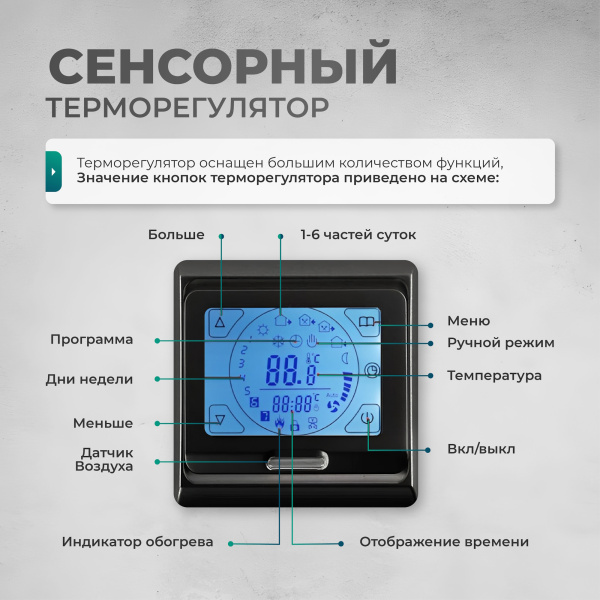 Теплый пол Bejert B B752-XICA100-6-22 6м 220 Вт/м2 с черным сенсорным программируемым терморегулятором