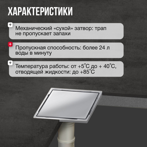 Трап квадратный душевой Gourlann H-2 G915H215-11050-4 15х15 см с рамкой из нержавеющей стали, с вертикальным выходом D50 мм, решетка под плитку (перевертыш)
