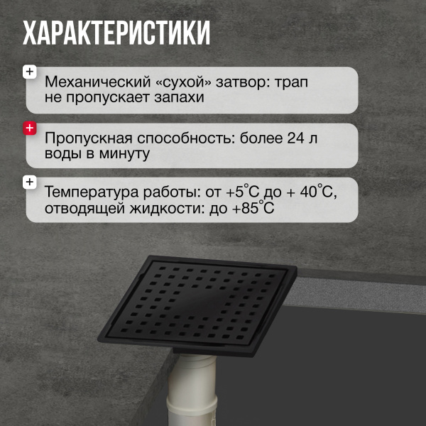 Трап квадратный душевой Gourlann H-1 G915H110-13050-4 10х10 см черный с рамкой из нержавеющей стали, с вертикальным выходом D50 мм, решетка черная