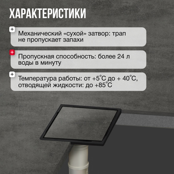 Трап квадратный душевой Gourlann H-2 G915H215-13050-4 15х15 см черный с рамкой из нержавеющей стали, с вертикальным выходом D50 мм, решетка под плитку (перевертыш), черная